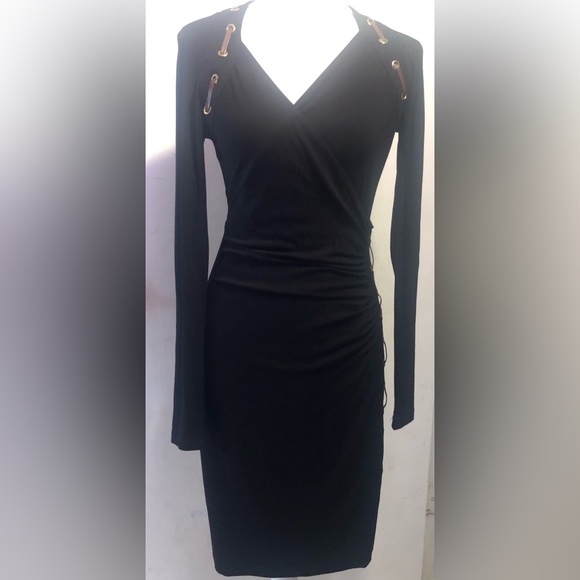 Carmen Marc Valvo-Blk Wrap Long Sleeve Bodycon Dress W/inner Laced Leather, SZ S - Picture 5 of 13